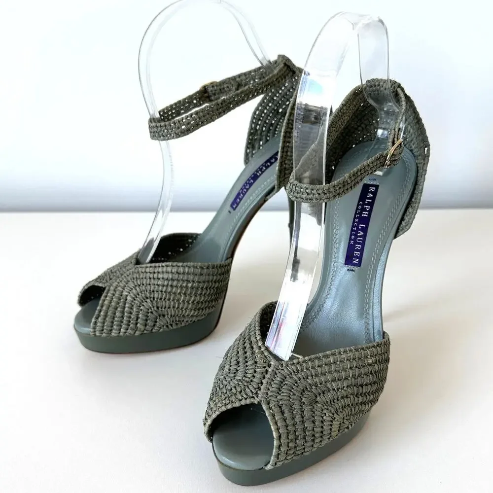 Ralph Lauren Purple Label Raffia Ankle Strap Platform Sandal Size 37 / US 7 B